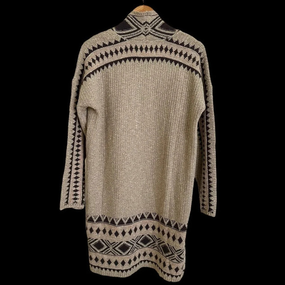 Lucky Brand Womens Medium Tan Aztec Longline Cardigan Sweater Open Front Geo - Picture 2 of 5